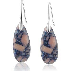 Brilliant Powder Blue-Silver Healing Stone Fishhoop Dangle Statement Earrings